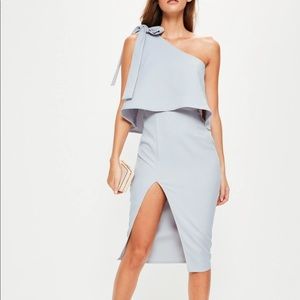 grey crepe one shoulder bow sleeve midi dress